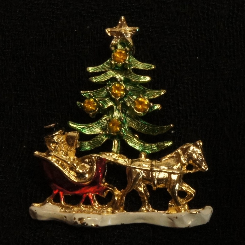 Vintage Christmas Tree Sleigh Horse Brooch Enamel Rhinestone Holiday Pin